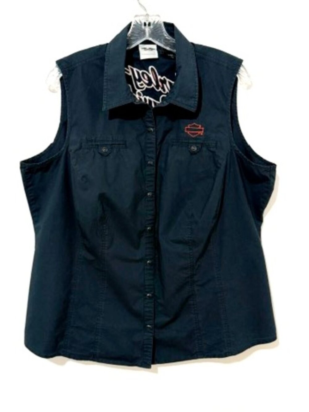 Harley Davidson Black Pearl Snap Embroidered Wing Sleevless Top Shirt Women's 1W